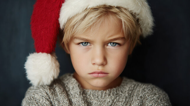 Unhappy angry child boy wearing red Christmas hat looking at camera during holiday. grumpy portrait of kid with frowning expression