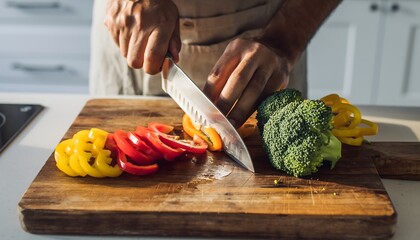 Close up of hands slicing organic produce on kitchen counter high resolution photo