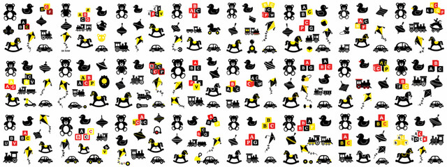 Classic black and yellow children's toys seamless pattern: bears, ducks, rocking horses, trains, cars, kites, alphabet blocks, and spinning tops illustration.