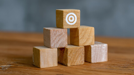Focused pyramid of wooden blocks with target symbol on top, representing successful business goal, objective, strategy, and foundation