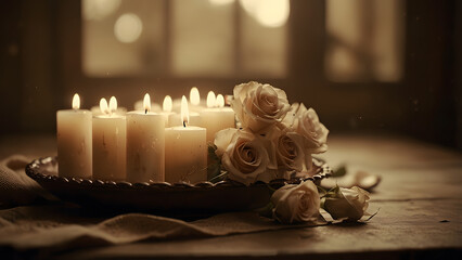 Serene candlelit ambiance: A delicate arrangement of glowing candles and elegant roses set a tranquil mood, their gentle light casting soft shadows on a rustic wooden surface.
