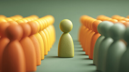 Unique figure standing between uniform groups to illustrate individuality, leadership selection and the courage to stand apart from the crowd.
