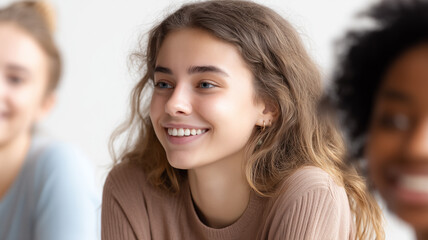 Happy student in a classroom environment smiling among friends, representing youth, inclusion, positive education and hope for a promising future.
