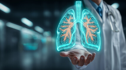 Respiratory healthcare innovation depicted with a doctor presenting a holographic pair of lungs, symbolizing diagnosis, treatment and advanced pulmonary support.
