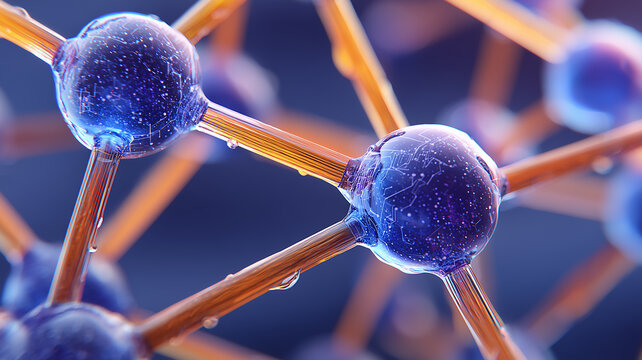 Abstract molecular structure with connected spheres and rods, representing nanotechnology research, advanced materials and scientific innovation at the microscopic scale.

