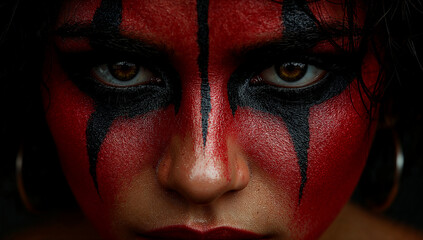 Close up portrait with black and red striped makeup
