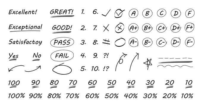 Hand drawn exam doodles of grades and percentage, Gradation elements for teachers in hand drawn style, Teacher scores of school homework,