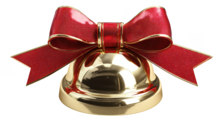 A shiny golden christmas bell with a red bow isolated on transparent background, perfect for holiday decoration