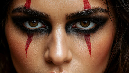 Close up portrait with black and red striped makeup