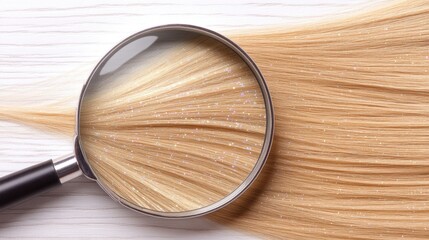 Exploring the intricate details of shimmering hair under a magnifying glass on a pristine white surface
