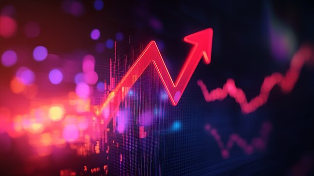 Dynamic red upswing arrow showing positive market growth and financial success with vibrant, futuristic technology background for investment strategies