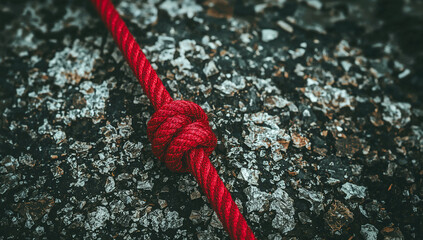 Red rope knot against textured rock evoking strength
