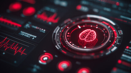 Futuristic medical dashboard displaying digital brain scan symbolizing neurological monitoring, cognitive analytics and advanced healthcare technology.
