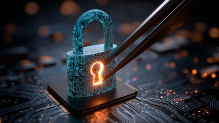 Tweezers adjusting a digital padlock on a microchip, illustrating cyber security maintenance, fixing vulnerabilities and expert protection for critical systems.
