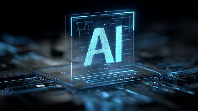 Holographic AI icon emerging from microchip platform representing advanced artificial intelligence hardware cloud computing infrastructure and the future of high performance digital processing.
