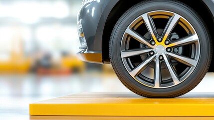 New tires displayed on a yellow shelf in a bright car workshop, perfect for automotive enthusiasts and professionals alike