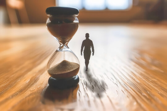 Hourglass with descending sand and human silhouette reflection a minimalist interpretation of time. - Powered by Adobe