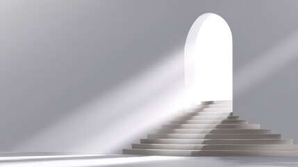 Mysterious abstract staircase ascending toward glowing portal of light. hopeful and clean concept of future, spiritual journey ahead