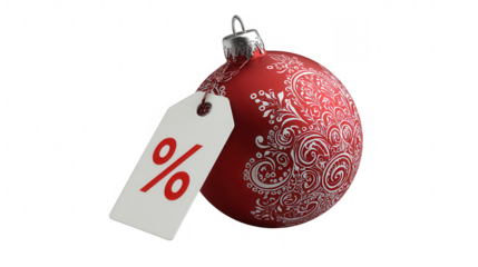 A festive red christmas ornament with a sale tag isolated on transparent background, signaling holiday savings and discounts