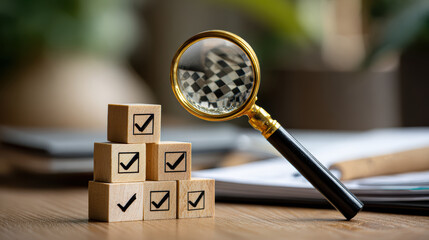 Detailed audit process using magnifying glass for verification and quality control. checklist on wood block represents compliance and standard