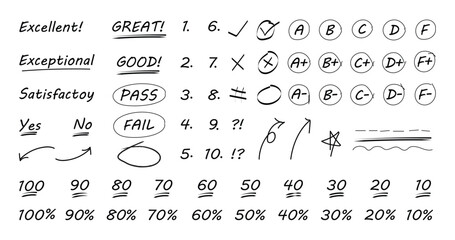 Hand drawn exam doodles of grades and percentage, Gradation elements for teachers in hand drawn style, Teacher scores of school homework,