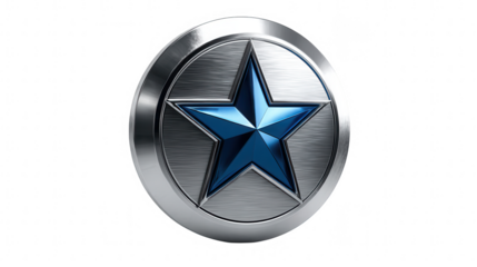 Shiny metal badge with a blue star in the center isolated on transparent background, a symbol of quality and excellence