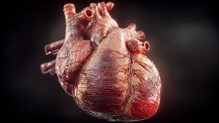Hyper realistic human heart isolated on dark space representing cardiology, vital health and the fragility of the cardiovascular system in modern medical science.
