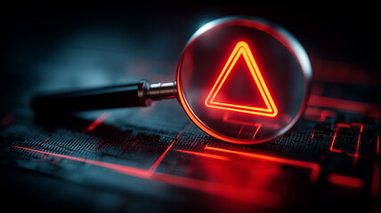 Magnifying glass focusing on a warning triangle across a dark circuit board conveying cyber threat investigation, digital forensics and proactive risk management in technology systems.
