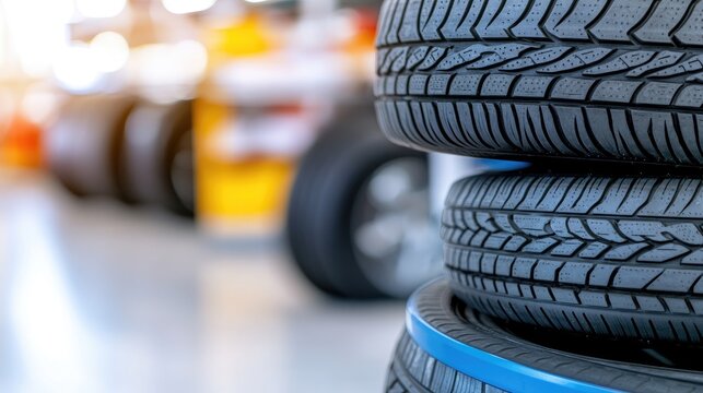 Car tire shop interior showcasing stacked black tires against a vibrant blue shelf