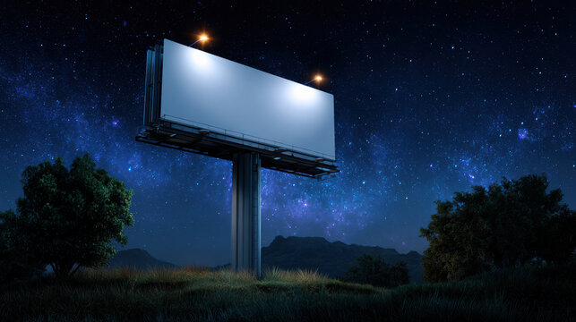 Hopeful blank billboard mockup shines brightly at night under vast starry sky. This outdoor landscape perfect template for an advertisement