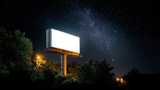 Serene blank billboard mock up shines bright light against dark night sky with stars. An outdoor advertisement display for marketing
