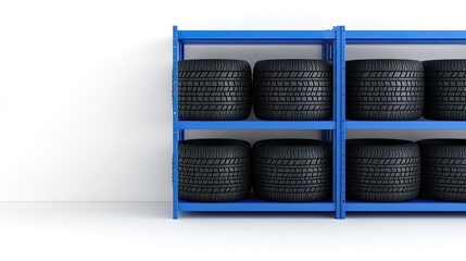 Tires neatly arranged on blue shelves in a car tire shop offering quality products for automotive needs