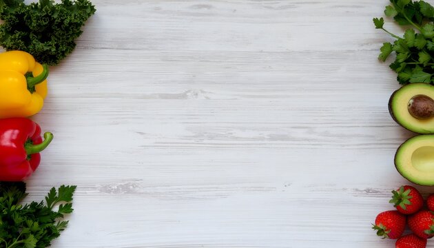 Healthy food background with bell peppers avocado and berries high resolution photo