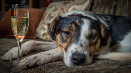 Funny tired dog celebrates new year with glass of bubbly. cute pet looks sleepy after party on couch indoors with hangover mood