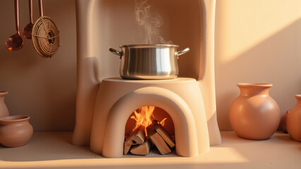 Cozy kitchen scene featuring pot on warm stove, emitting steam, with firewood base and clay pots surrounding it, creating homely atmosphere