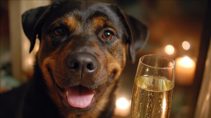 Happy rottweiler dog enjoys new year celebration party with glass of bubbly champagne in warm candlelight setting, feeling festive