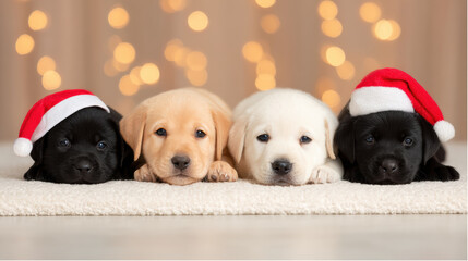 Adorable cute labrador puppy dog group wearing Christmas hat. festive holiday animal gift for season, looking charming and innocent