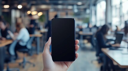 Showcase your innovative mobile app with this sleek smartphone held in a modern, vibrant coworking space, perfect for digital marketing campaigns