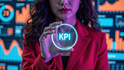 Businesswoman holds glowing KPI sign in front of digital graphs and charts, symbolizing performance metrics and data analysis