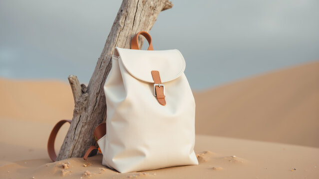 Stylish backpack resting on wooden log in sandy desert landscape, showcasing minimalist design and earthy tones - Powered by Adobe