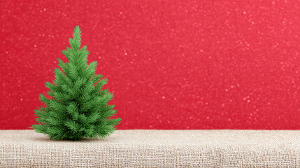 Small green Christmas tree on red sparkle background. Festive decoration with bokeh light for joyful holiday celebration and copy space