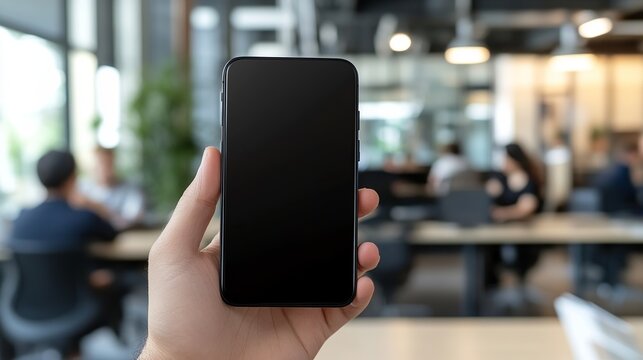 Showcase your mobile app on a smartphone held up in a modern workspace for a professional tech product demo or mobile application advertisement