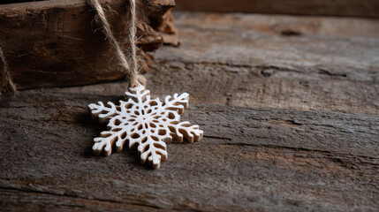 Festive white snowflake Christmas decoration hanging on string. peaceful and nostalgic holiday ornament against rustic wooden background