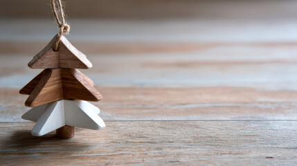 Nostalgic simple wooden Christmas tree ornament decoration. Quiet rustic holiday winter scene on wooden background with festive copy space