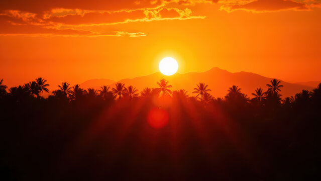 Breathtaking sunset over mountains with palm trees silhouetted against vibrant orange sky, creating serene and tranquil atmosphere - Powered by Adobe