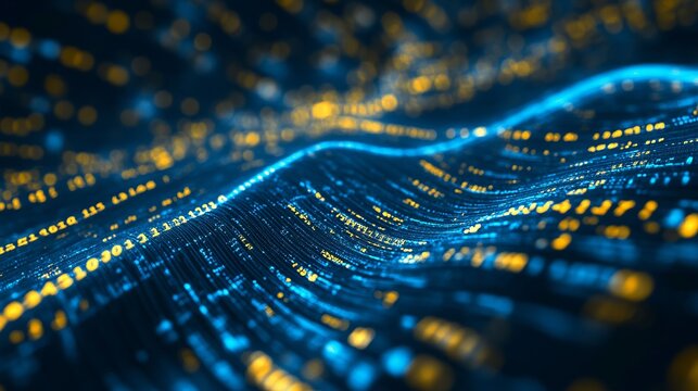 Dynamic digital wave with glowing particles flowing across a modern blue surface, perfect for tech innovations and futuristic designs, very modern