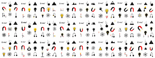 Minimalist Science Icons Pattern: Physics Concepts Repeating Background with E=mc2, Magnets, Falling Apples, Atoms, and Light Bulbs.