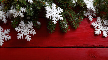 Festive Christmas background decoration for happy New Year. red holiday winter scene with fir branch, snow, and white snowflake ornament