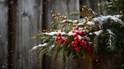 Festive Christmas winter decoration with red berry and green pine branch against rustic wood background creates serene mood with falling snow