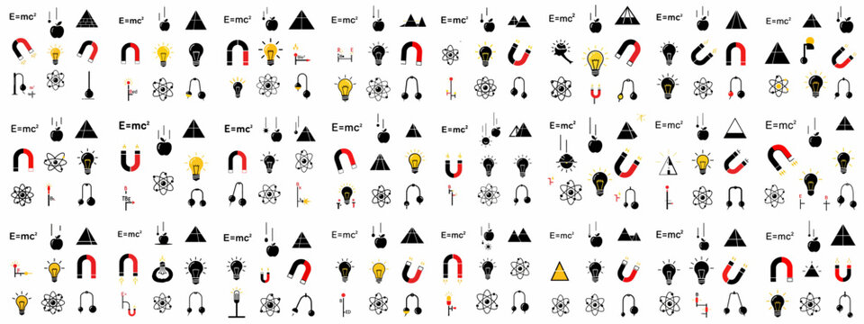 Minimalist Science Icons Pattern: Physics Concepts Repeating Background with E=mc2, Magnets, Falling Apples, Atoms, and Light Bulbs.